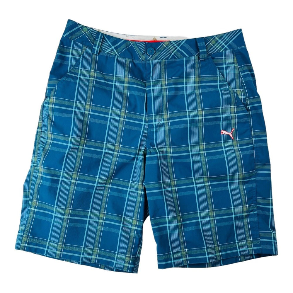 Puma‎ Dry Cell Blue w/ Yellow & Red Check Polyester Spandex Golf Shorts Sz 32X10